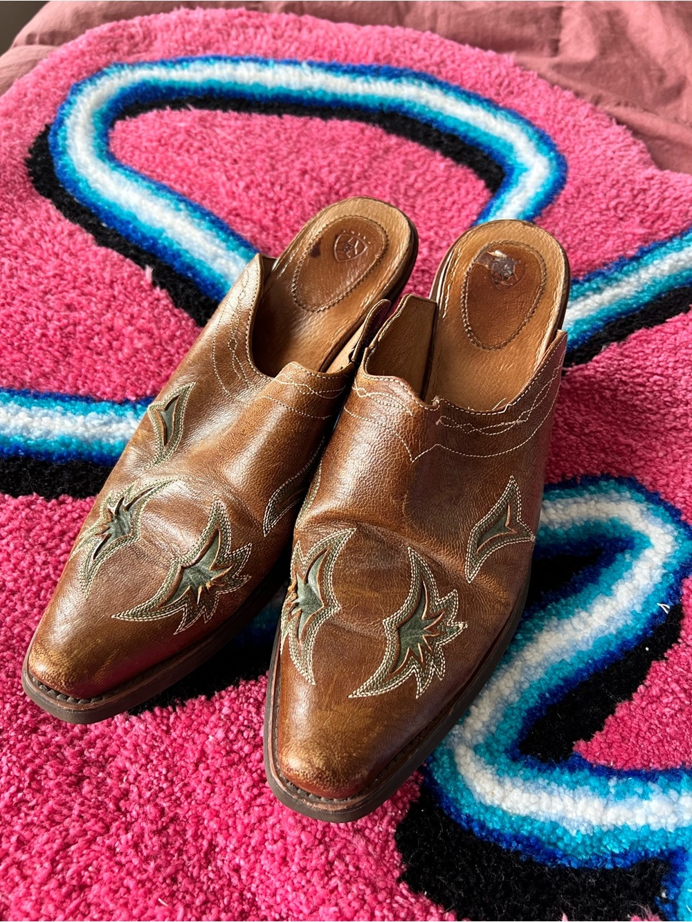 Ariat Brown Leather Embroidered Slip-On Mules